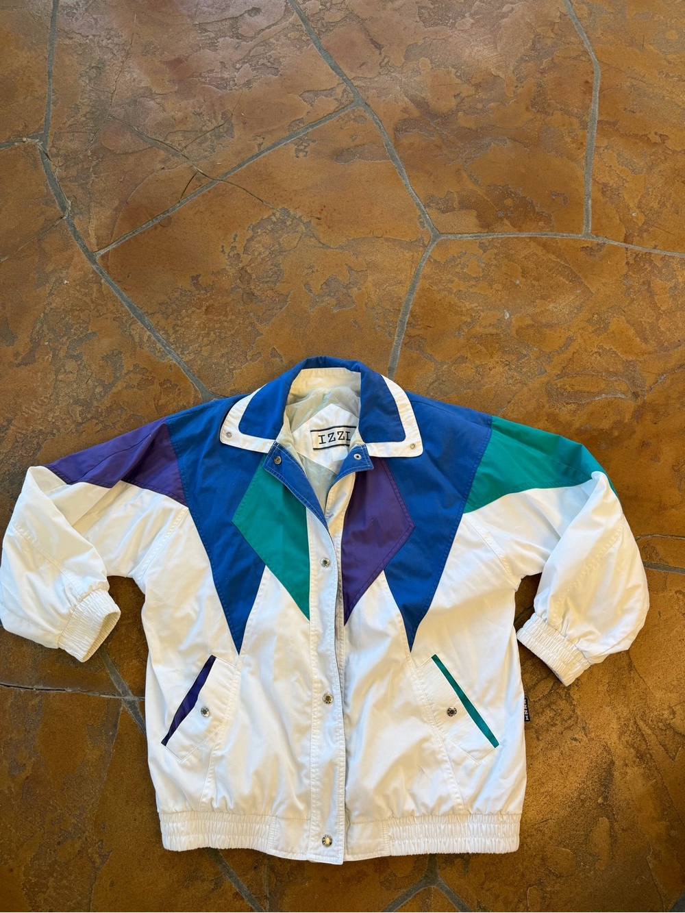 VTG IZZI Men's Colorblock Windbreaker Jacket Snap Front Collared White Blue L